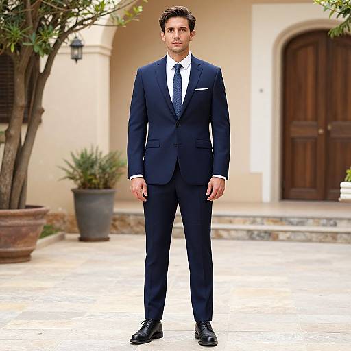 Photograph of a handsome man with short brown hair, in a dark navy suit, white shirt, and black tie, standing on a sunny, tiled