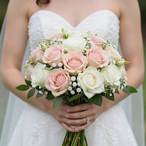 Photograph of a bride in a white strapless lace dress, holding a bouquet of pink and white roses with green leaves and small white filler flowers,