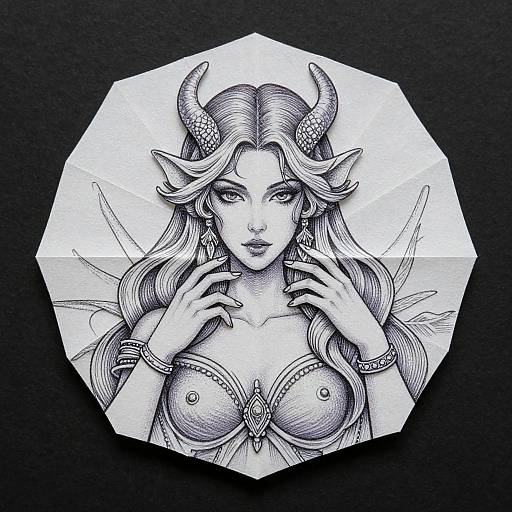 Intricate black-and-white ink drawing of a seductive demoness with horns, long wavy hair, large breasts, detailed jewelry, and a