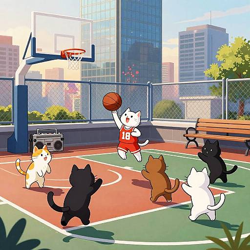 Cats Playing Basketball on Rooftop