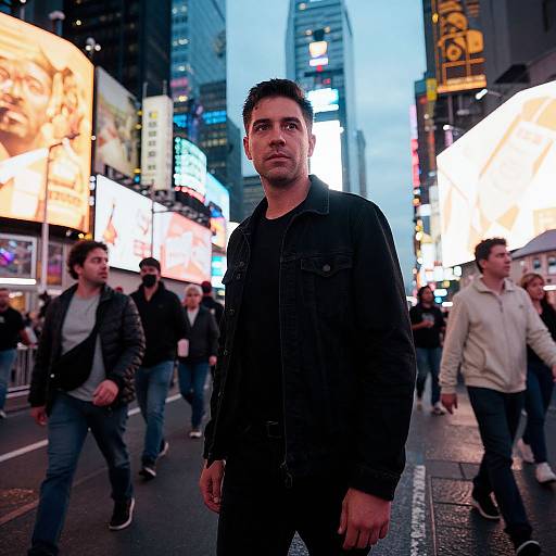 Photograph of a serious, dark-haired man in a black jacket standing in a bustling, brightly lit New York City street at night. Pedestrians