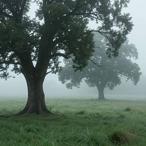 Photograph of two large, mist-covered trees standing in a lush, green grassy field, with dense fog creating a mysterious atmosphere.