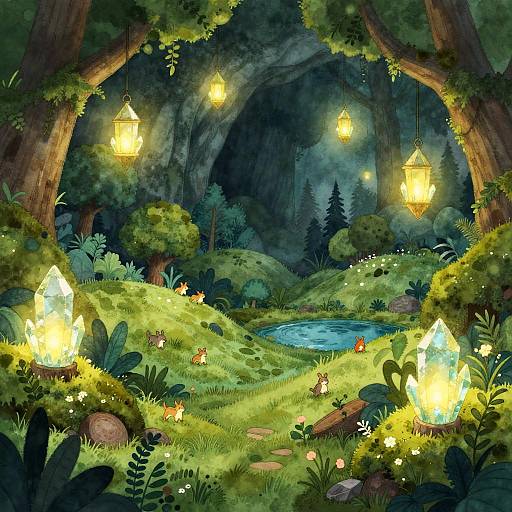 Enchanted forest scene: glowing crystals, hanging lanterns, tiny fairies, lush greenery, serene pond, rocky archway, moonlit