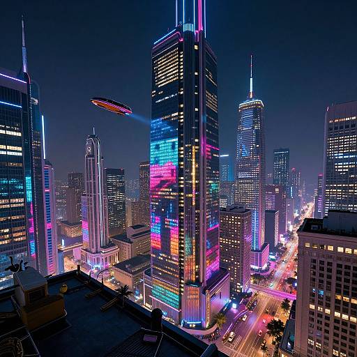 Nighttime cityscape photograph of a futuristic skyline with neon-lit skyscrapers, colorful LED lights, and a hovering UFO, featuring bright, vibrant