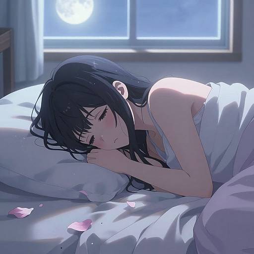 Sad Anime Girl in Moonlit Room
