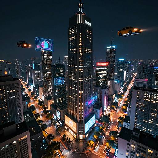 CGI nighttime cityscape of a bustling metropolis with brightly lit skyscrapers, neon signs, flying cars, and vibrant streetlights below.