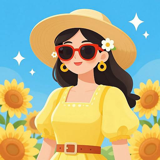 Digital drawing of a smiling woman with black hair, red sunglasses, yellow dress, straw hat, flower hairpin, and gold earrings, standing in a