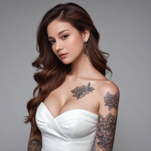Young Woman with Floral Tattoos in White Dress