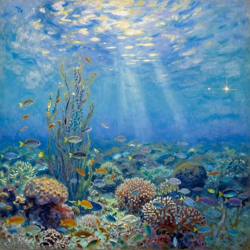 Vibrant underwater photograph of a coral reef teeming with colorful fish, illuminated by sunlight filtering through the clear blue water.