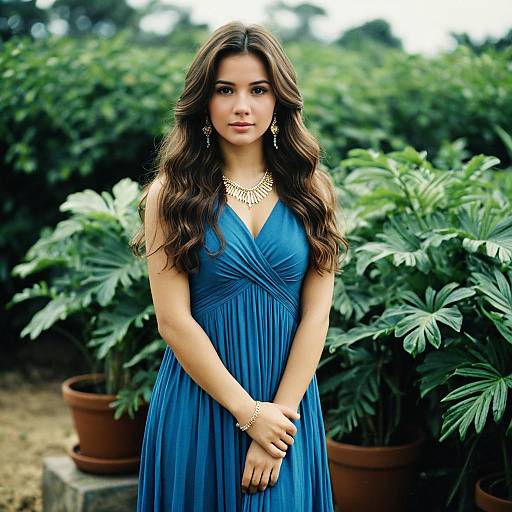 Woman in Blue Dress with Jewelry in Garden