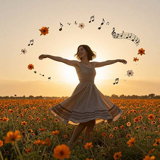 Photograph of a smiling woman in a white dress, arms outstretched, dancing in a sunlit field of orange flowers with floating musical notes and