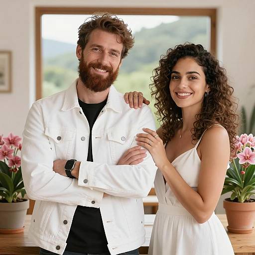 Smiling couple indoors by window with plants