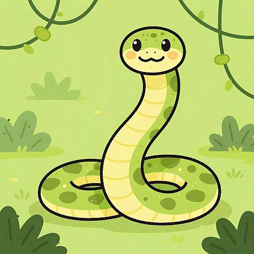 Cartoon-style digital drawing of a cute, smiling green snake with yellow underbelly and spots, set against a bright, lime-green jungle background with