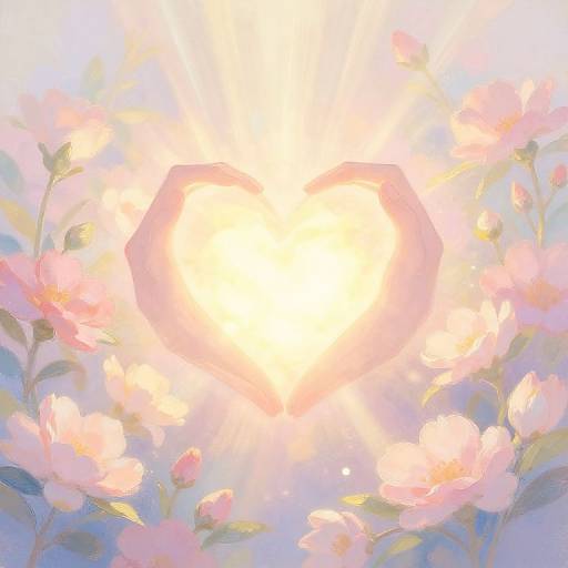 Digital painting of a radiant sun surrounded by soft pink and white flowers with pastel blue and green leaves.