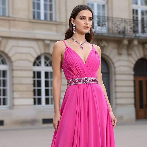 Photograph of a young woman with long dark hair, wearing a vibrant pink, V-neck, sleeveless gown with a sparkling belt, standing in front