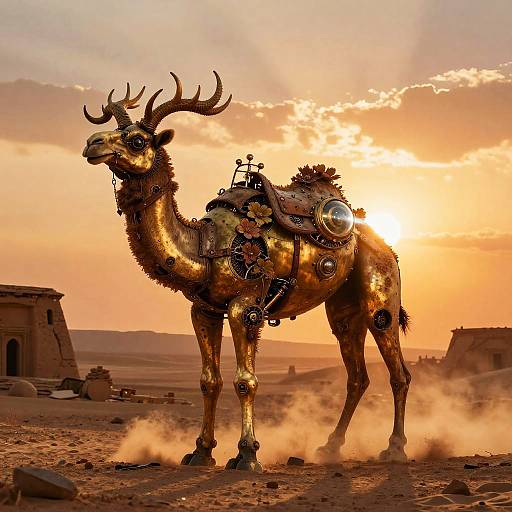 Brass Clockwork Camel-Stag at Sunset