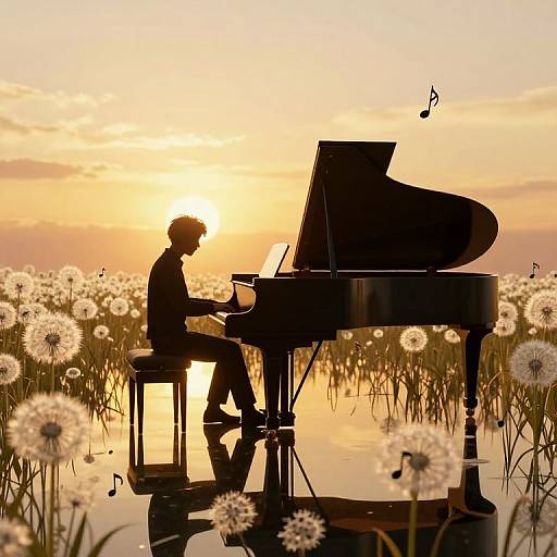 Silhouetted musician playing grand piano in a sunlit dandelion field, with musical notes floating above. Digital art, warm golden hues,