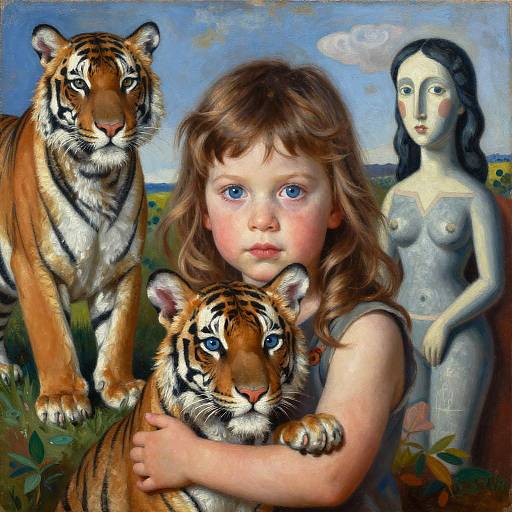 Digital painting of a young girl with blue eyes, hugging a tiger cub, with another tiger and a pale, nude woman in background.
