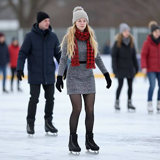 Photograph of a young blonde woman with long hair, wearing a white knit hat, red plaid scarf, gray coat, black tights, and