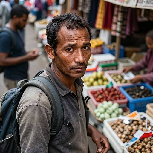 Photograph of a middle-aged South Asian man with short, curly black hair and a serious expression, wearing a gray shirt, black backpack, standing in