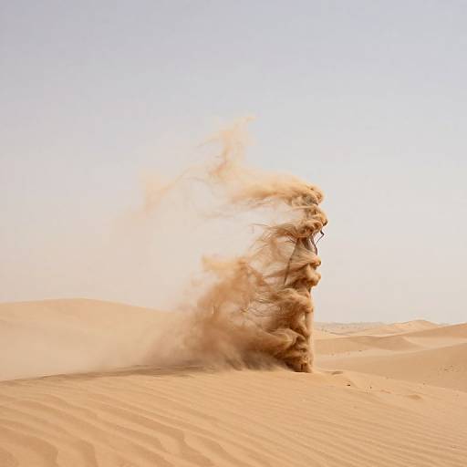 Photograph of a massive sandstorm cloud erupting in the middle of a vast, sunlit desert with rippled sand dunes.