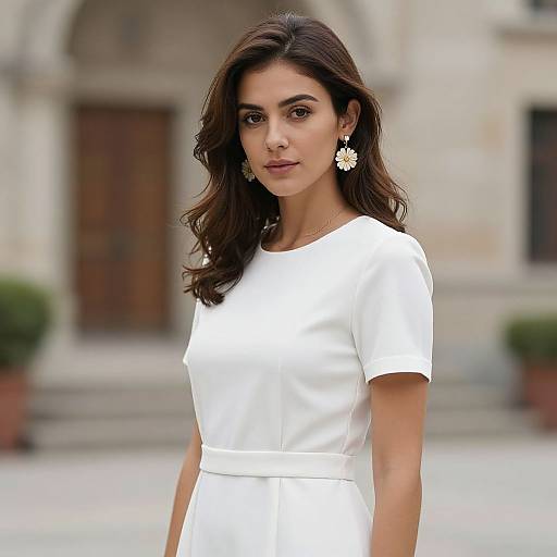 Photograph of a brunette woman with wavy hair, wearing a white short-sleeved dress and white floral earrings, standing outdoors against a blurred architectural
