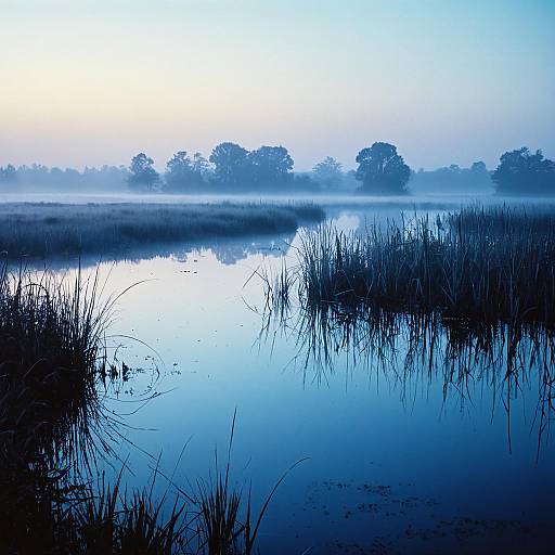 Foggy Marshland at Dawn, Blue Light