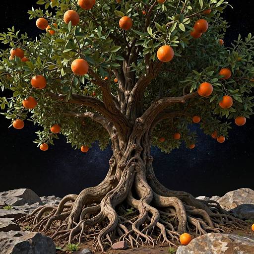 Photorealistic digital art of a gnarled orange tree with vibrant oranges, intricate roots, and dark green leaves against a black background.