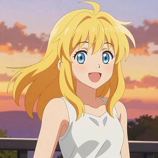 Digital anime-style drawing of a smiling blonde girl with blue eyes, wearing a white tank top, against a sunset sky.