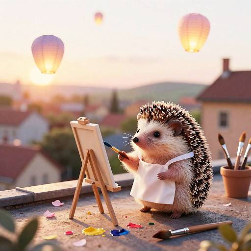 Rooftop Hedgehog Painter at Golden Hour