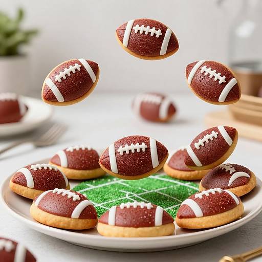 Photograph of brown sugar cookies shaped like footballs, decorated with white laces, floating above a plate on green field design.
