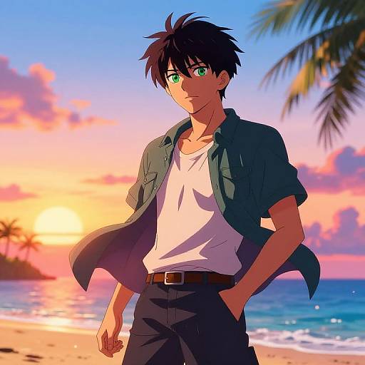 Anime-style digital drawing of a handsome young man with green eyes, black hair, wearing an open shirt and white tee, standing on a colorful beach at