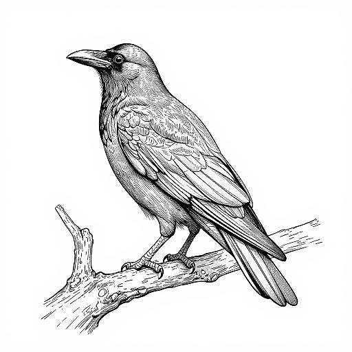 Intricate Raven Line Drawing