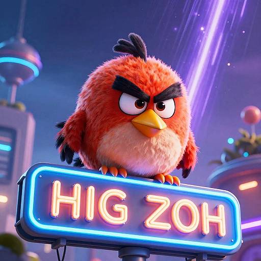 CGI cartoon bird with red feathers and black eyebrows, perched on neon 