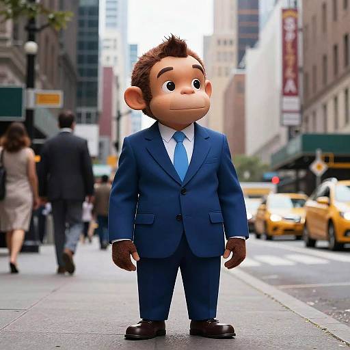 CGI cartoon monkey in a blue suit and tie standing on a busy city street with yellow taxis and blurred pedestrians.