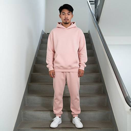 Photograph of a young Asian man with short black hair, light skin, and a beard, wearing a pink hoodie and pants, white sneakers, standing