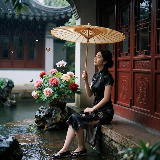 Elegant Qipao Lady in Rainy Courtyard