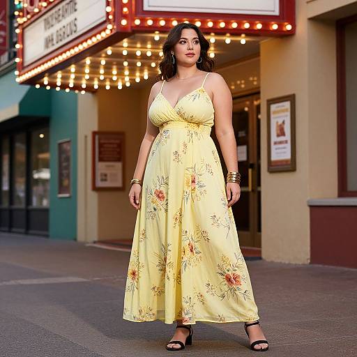 Photograph of a curvy woman with fair skin and dark hair, wearing a yellow floral sundress, black sandals, and bracelets, standing on a