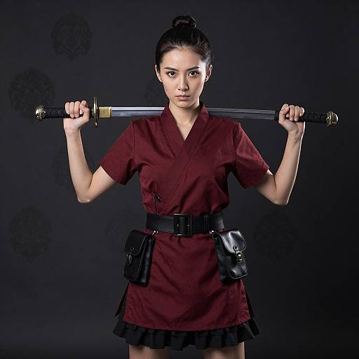 Asian Woman Holding Sword Across Shoulders