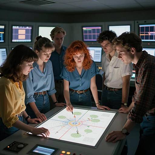 Group Analyzing Data in Dimly Lit Control Room