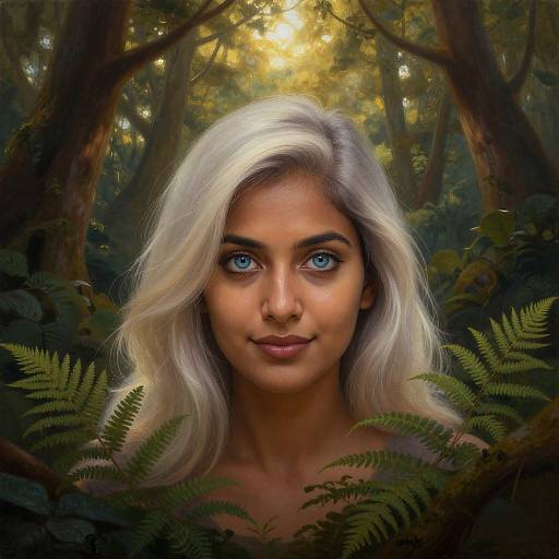 Digital artwork of a beautiful woman with long, white hair, blue eyes, and tan skin, standing in a dense, sunlit forest with ferns