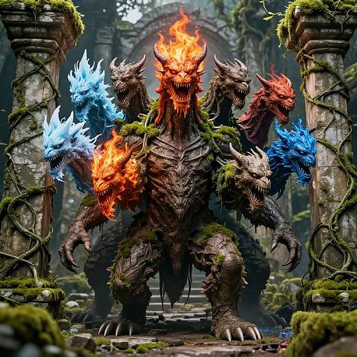 CGI fantasy artwork of a four-headed, fire-breathing dragon with black scales, moss-covered, standing between ancient, vine-covered stone pillars, fiery
