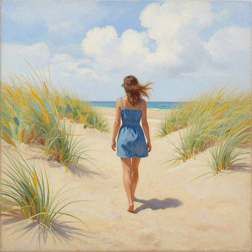 Digital painting of a woman in a blue sundress walking away on a sandy path with grasses, under a bright blue sky.