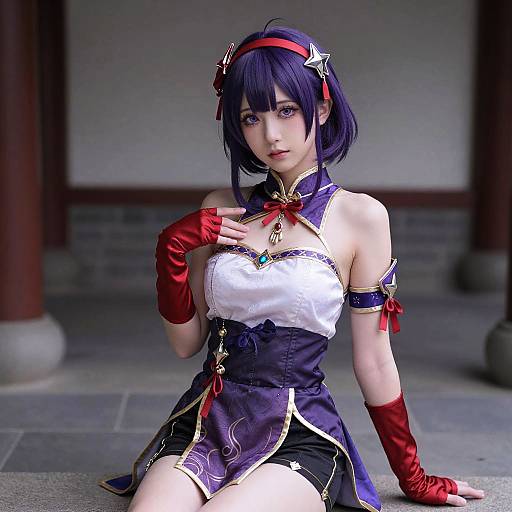 Photorealistic CGI of a beautiful anime girl with short purple hair, red headband, red gloves, white and purple dress, seated indoors.