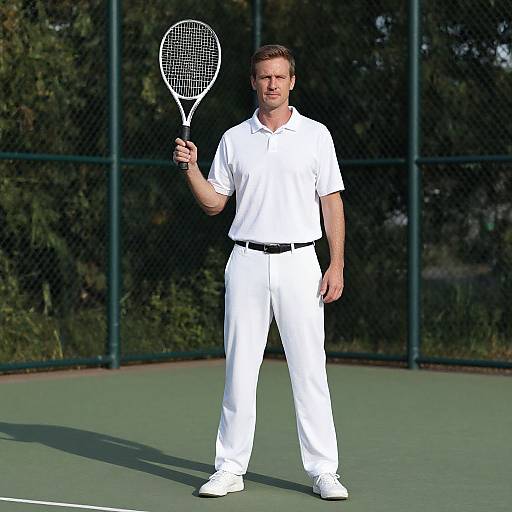 Man in White Outfit with Tennis Racket