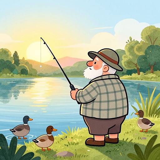 Cartoon illustration of an elderly man with a white beard, gray plaid shirt, brown shorts, and hat, fishing by a serene lake at sunset