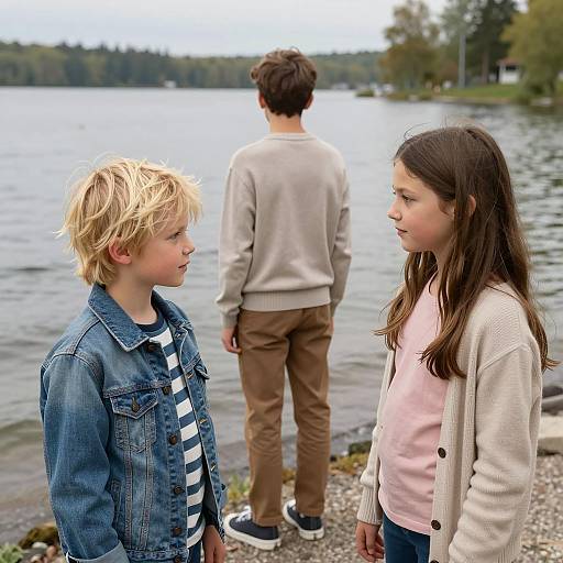 Children standing by lake shore