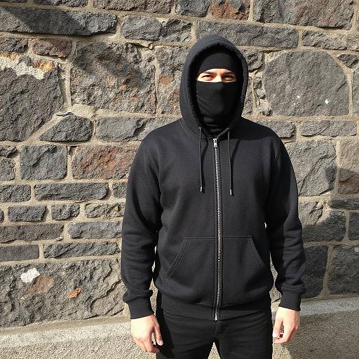 Man in Black Burglar Costume Standing by Stone Wall
