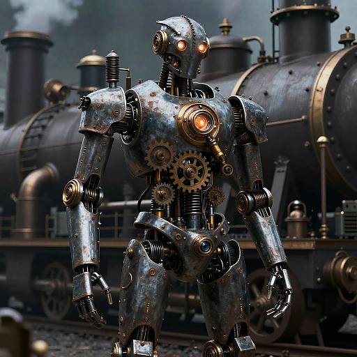 Photorealistic CGI of a glowing, metallic robot with gears and orange lights, standing in front of a steam locomotive.