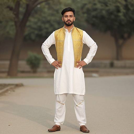 Photograph of a bearded man with dark hair, wearing a white traditional kurta, golden vest, and brown shoes, standing confidently on a park